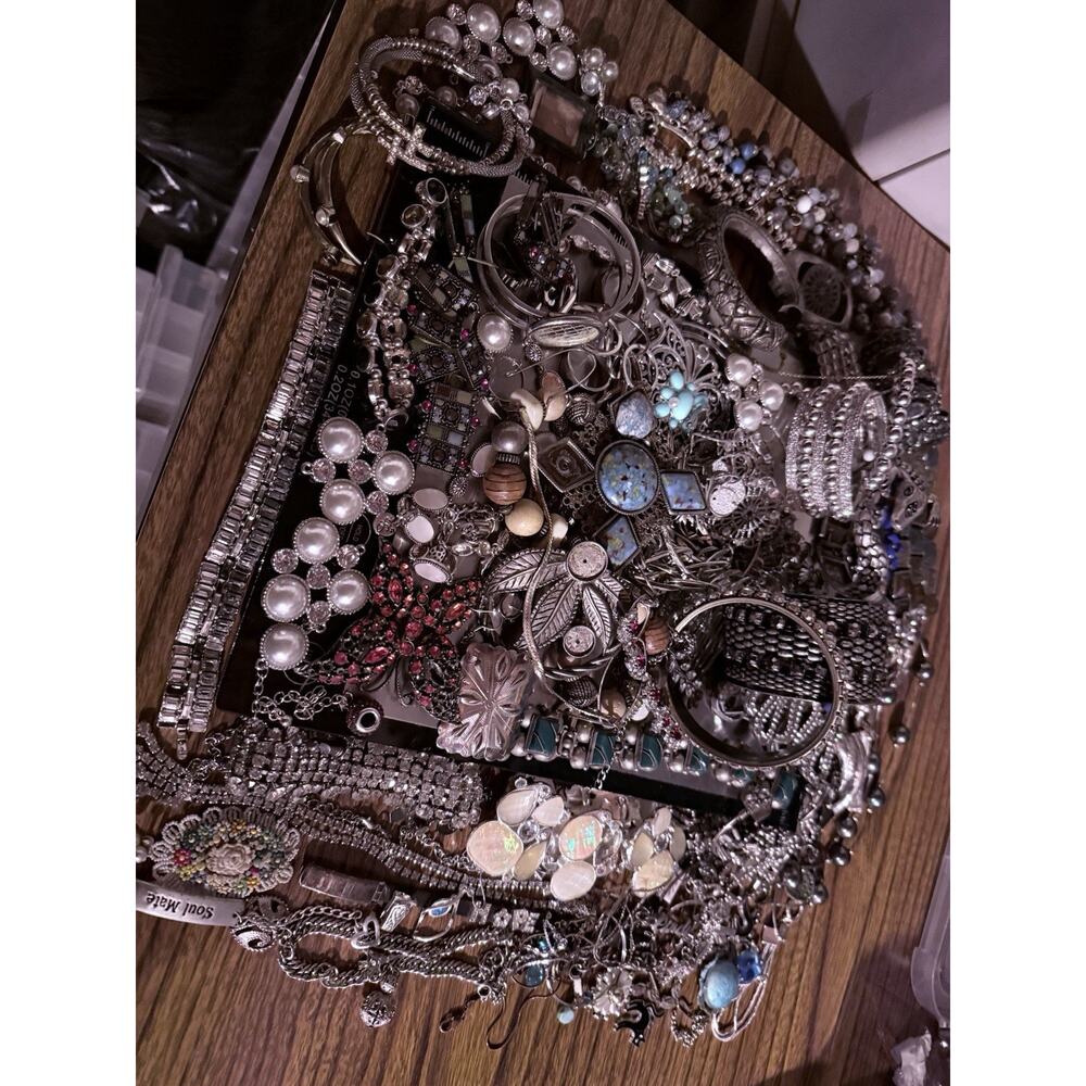 4.11 Lbs Silver Tone Clear Rhinestone Jewelry Lot Vintage Repair Scrap Southwest